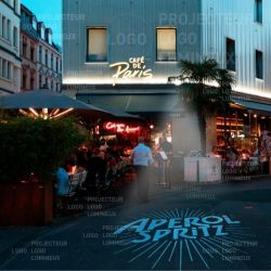 Enseigne lumineuse pas chère pour bar restaurant projetée au sol sur trottoir